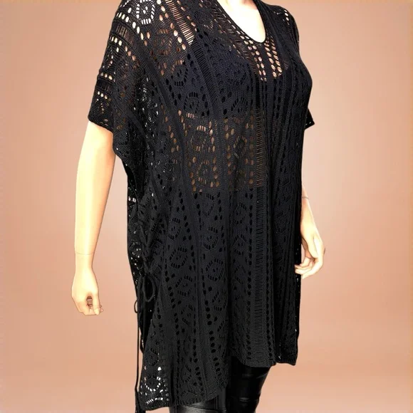 90s Black Open Knit Lace Crochet Tunic M/ L Side Cinch Y2K Dark Fairy WimsiGoth - Picture 9 of 11